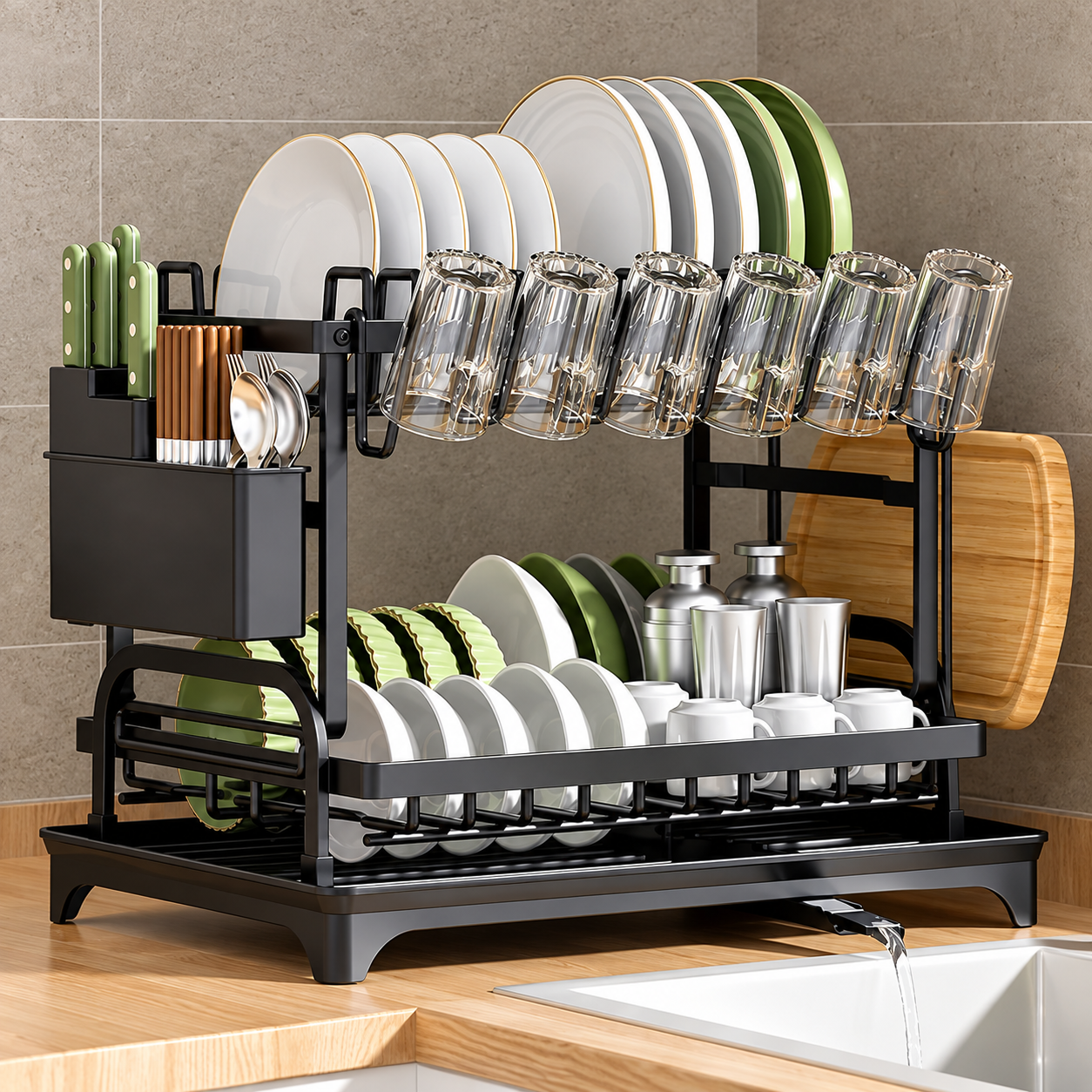Plate slots and front glass supports on the dish rack