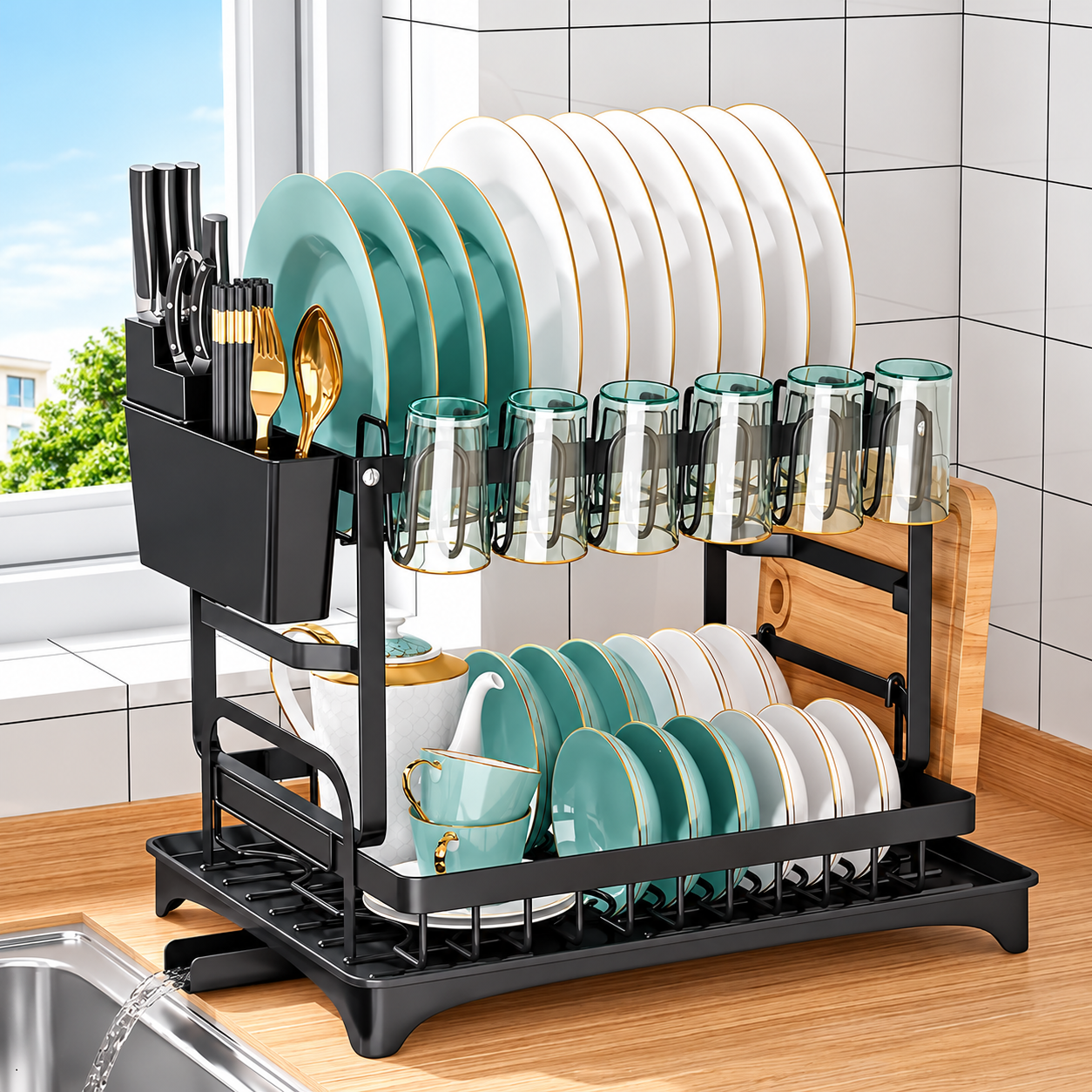 Two-layer dish rack on a kitchen counter beside a sink